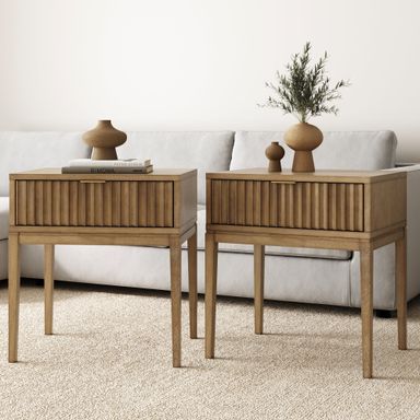 Bohemian Solid Wood Nightstand Set of 2 with Drawer Light Brown