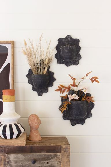 Set Of 3 Black Wavy Clay Wall Planters