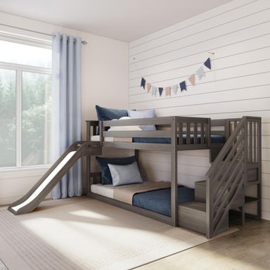 Twin Over Twin Low Bunk Bed With Easy Slide & Stairs