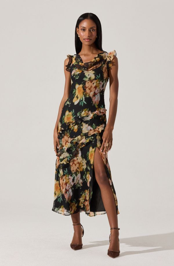 Alinta Floral Ruffle Cowl Neck Midi Dress