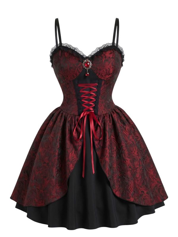 1950s Gothic Gemstone Jacquard Rose Lace Dress