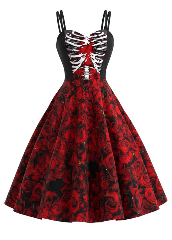 Deep Red 1950s Halloween Spaghetti Strap Skeleton Rose Dress