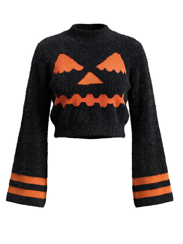 Orange 1970s Halloween Pumpkin Face Fuzzy Cropped Sweater