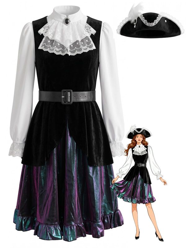 1980s Lace Collar Velvet Belted Medieval Pirate Costume Set