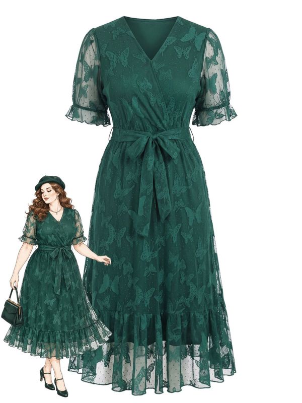 [Plus Size] Dark Green 1950s Butterfly Lace V-Neck Belted Dress