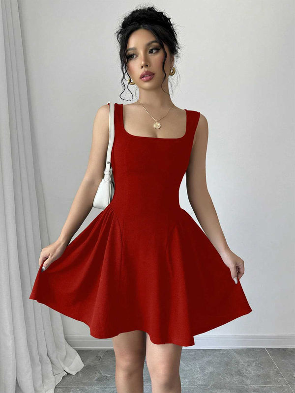 1950s Square Neck Solid Mini Dress