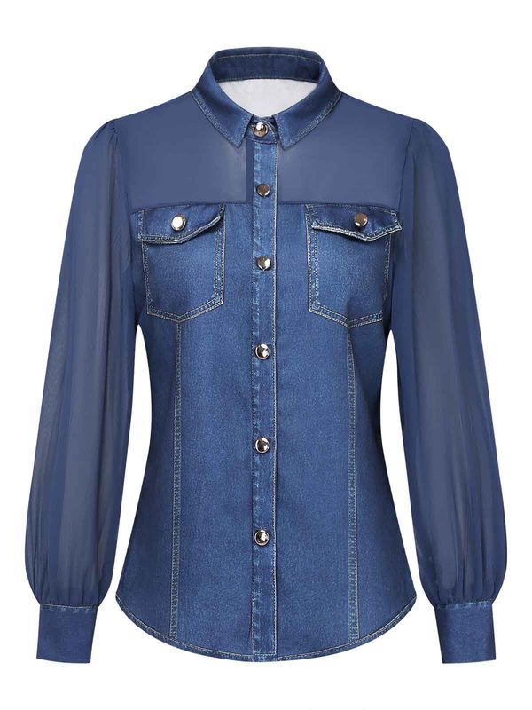 Navy Blue 1980s Faux Denim Chiffon Lapel Blouse