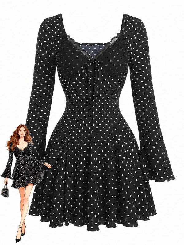Black 1960s Polka Dot Ribbed Lace V-Neck Bell Sleeve Mini Dress