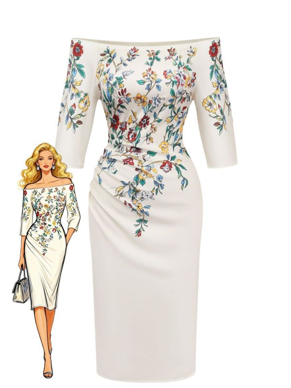 Beige 1960s Floral Off-Shoulder Bodycon Dress