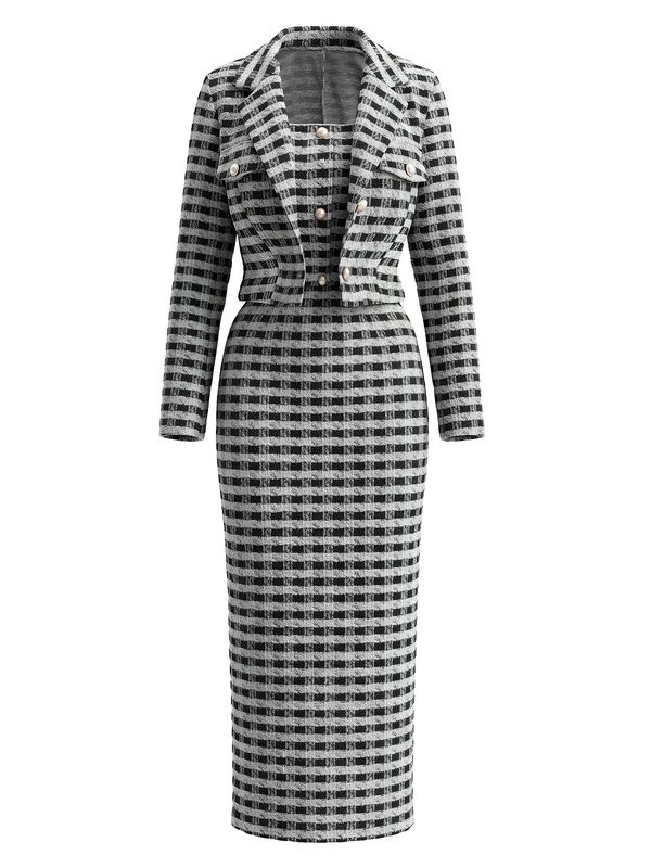 2PCS 1960s Plaid Tweed Pearl Button Blazer Dress Set