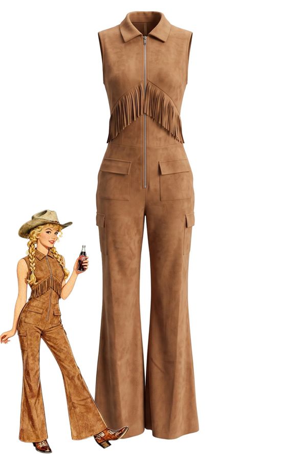 Light Brown 1970s Fringe Suede Sleeveless Jumpsuit