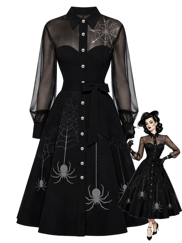 Black 1950s Halloween Spiderweb Sheer Mesh Patchwork Dress