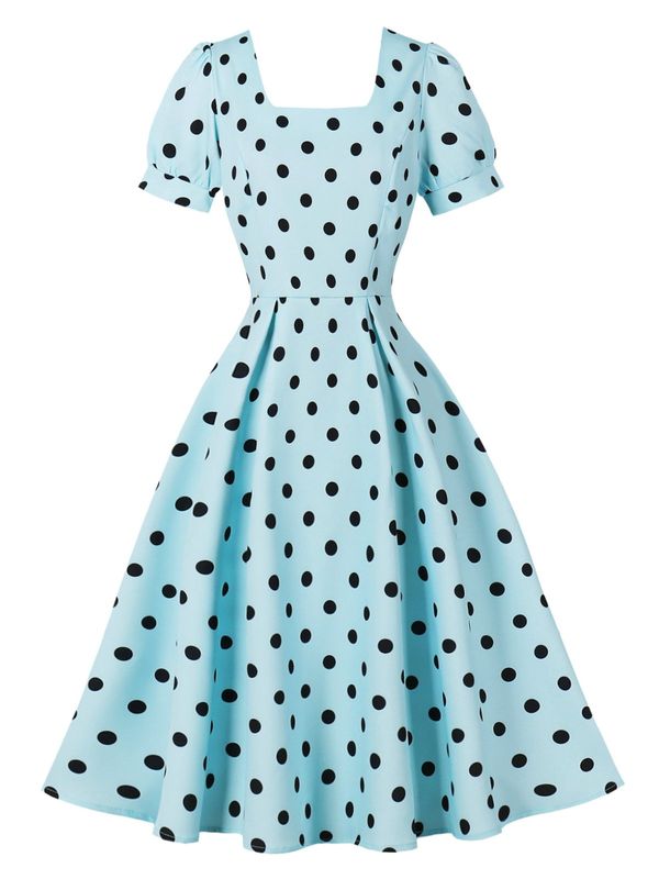 Blue 1950s Polka Dot Square Neck Puff Sleeve Swing Dress