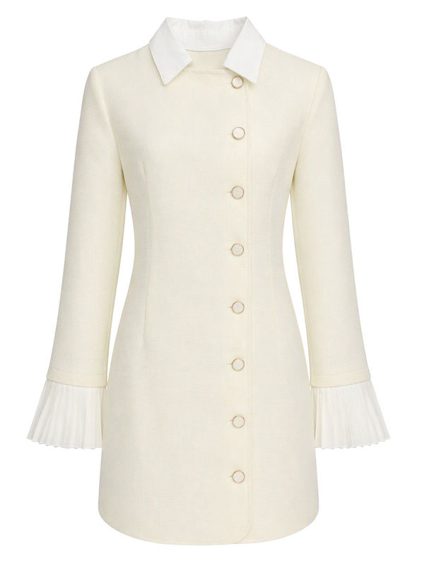 Beige 1960s Pleated Cuff Fitted Buttons Mini Dress