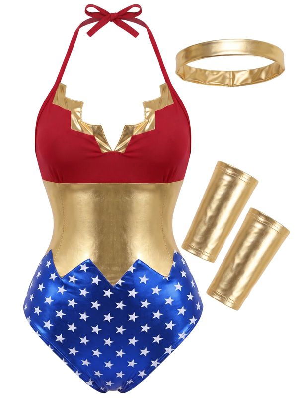 1960s Wonder Woman Inspire Halter Bodysuit Costume
