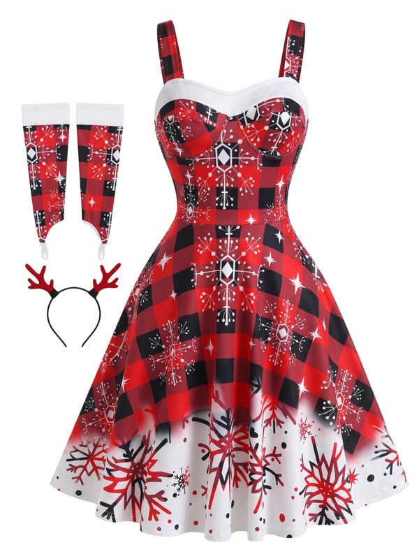 Red 1950s Plaid Snowflake Off-Shoulder Christmas Dress Set