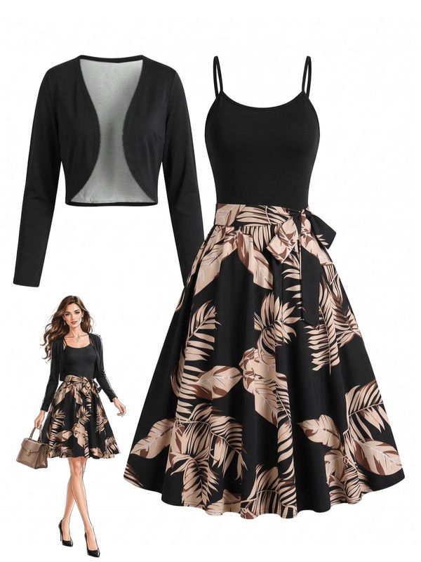 Gold 1950s Palm Print Cami Bow Waist Dress & Bolero