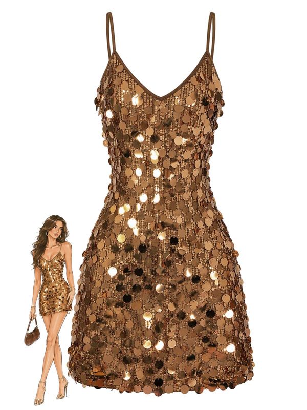 Gold 1960s Sequin Bodycon Mini Slip Party Dress