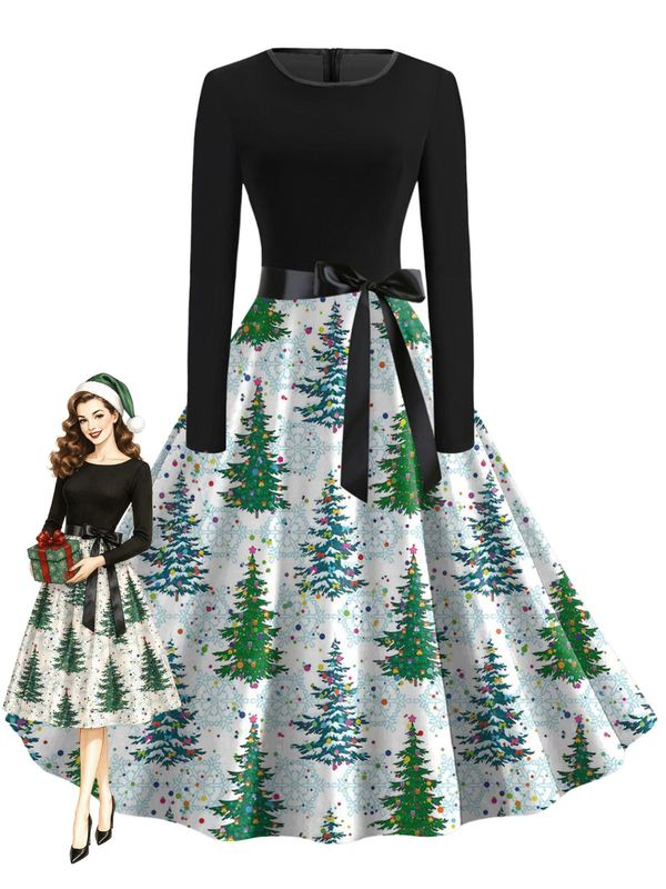 Green 1950s Christmas Long Sleeve Bow Belt Dress