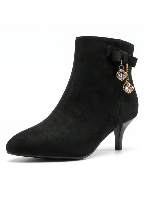 Black Flannelette Bow Rhinestone Cone Heel Ankle Boots
