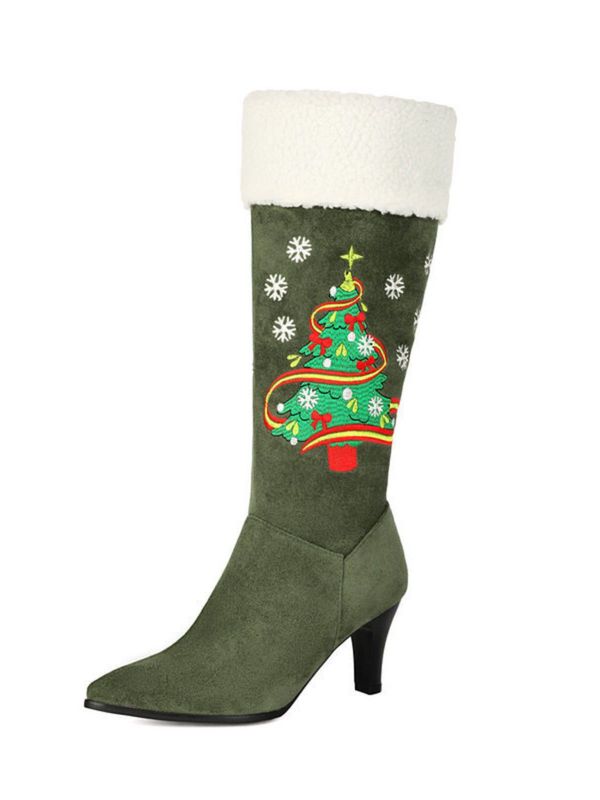 Christmas Tree Embroidered Suede High Heel Boots