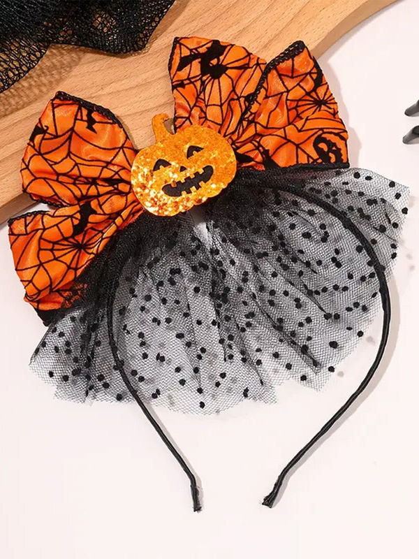 Orange Halloween Pumpkin Spiderweb Bow Tulle Headband