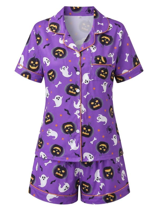 Purple 1950s Ghost Pumpkin Halloween Pajama Shorts Set