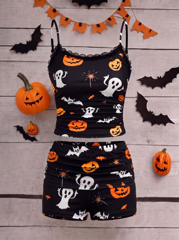 Halloween Pumpkin Ghost Print Skirt Overlay Pajama Set