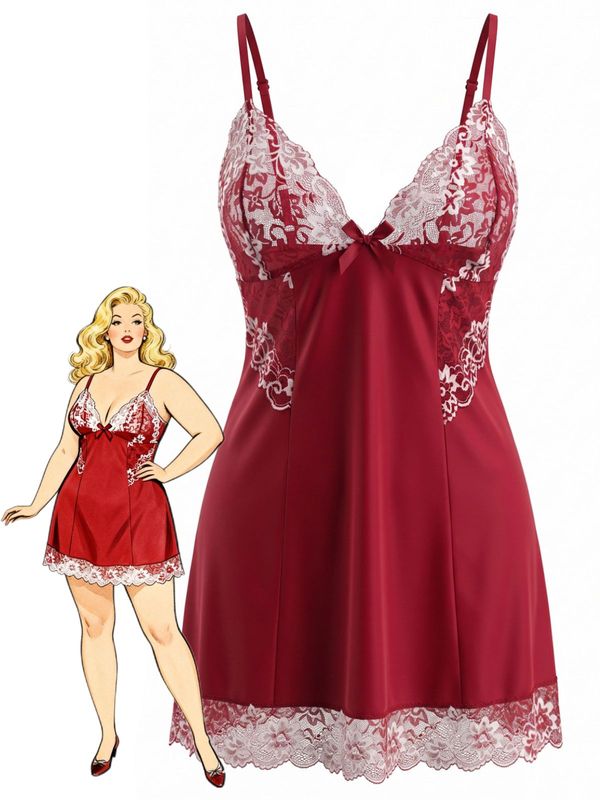[Plus Size] 1950s Lace Mesh Bow Cami Nightdress