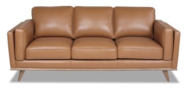 Vivia 86" Genuine Leather Sofa with Removable Seat Cushions and Wood Base - Caramel Brown  | Sofa Vivia de 86 po en cuir véritable avec coussins de siège amovibles et pattes en bois - brun caramel