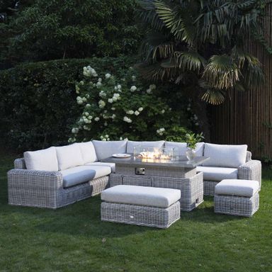 Bellagio Round Wicker Large Corner Casual Dining Set with Rising Firepit Table, Light Grey
