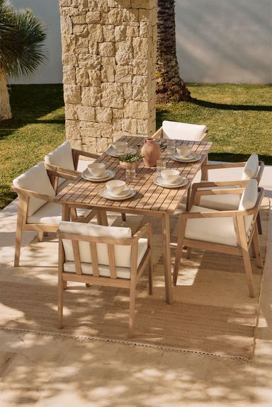 Set aus rechteckigem Tisch 180x90 cm und 6 Gartenstühlen aus Akazienholz Kaela