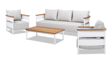 Rhodes 4pc Upholstered Teak & Aluminum Outdoor Patio Conversation Set, Birch Gray Chenille