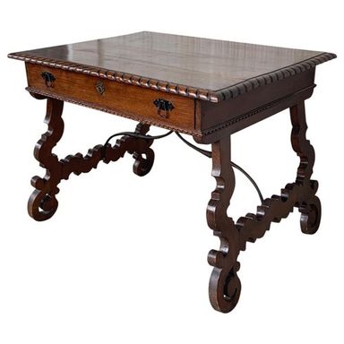 Early 20th-Century Spanish Desk with Lyre Legs and Carved Edges on Top