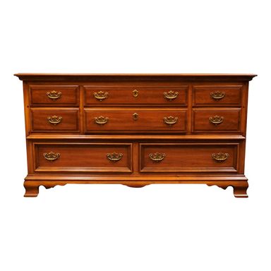 Kent Coffey Carriage Trade Collection Early American Style Cherry & Pecan 64" Eight Drawer Dresser 7802 | Chairish