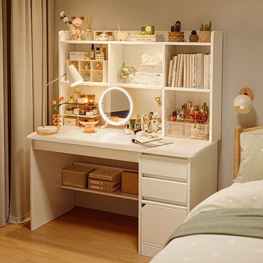 Modern Simple Style Rectangular White Lumber Work Desk with Hutch, Compartment Drawers, and External Shelving, White, 39"L x 18"W x 52"H, Table Only