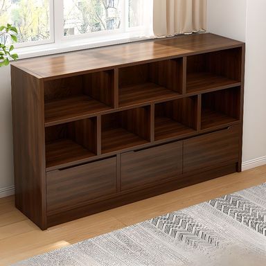 Timber Horizontal Closed Back Bookshelves with 3 Drawers and 2 Shelves, Nut-Brown, 55"L x 8"W x 39"H