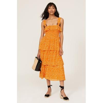 Slate & Willow Tiered Ruffle Midi Dress Orange-print