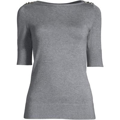 Women's Cotton Modal Button Shoulder Boatneck Sweater - Pewter Heather - XXS