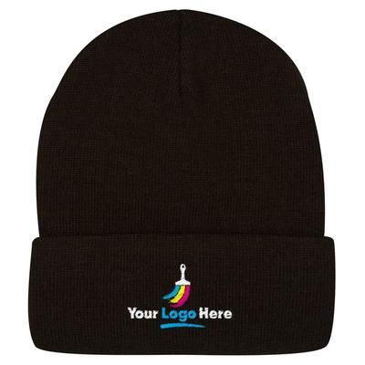 Knit Embroidered Beanie Winter Hat With Cuff - Black - One Size