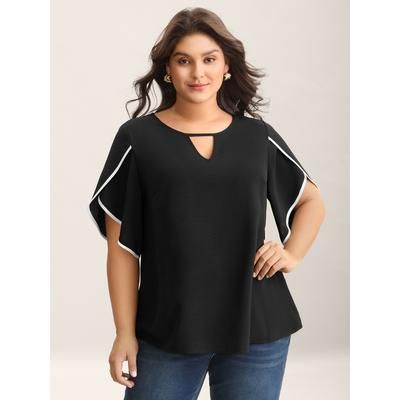 Plus Size Black Color Contrast Petal Sleeve Shirt Women Half Sleeve Round Neck Work Blouses BloomChic 26/4X