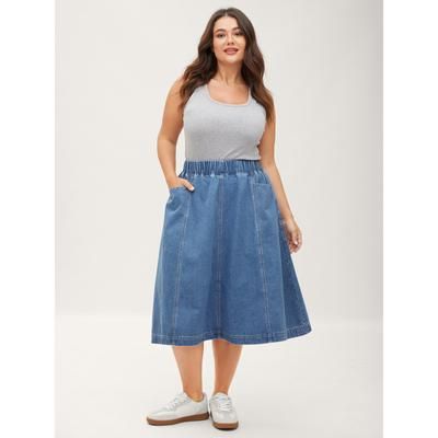 Plus Size Stretchy Waistband Pockets Denim Skirt Women Denimblue Everyday-Casual No stretch Medium Wash 20/2X Slanted pocket Denim Skirts BloomChic