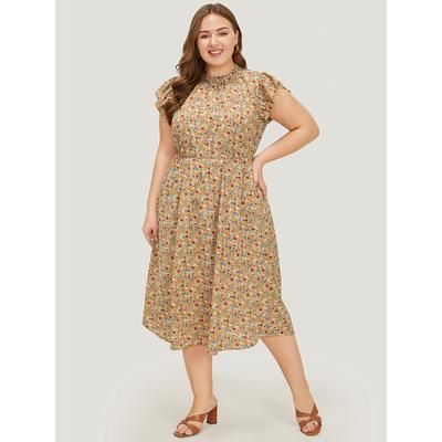 Plus Size Ditsy Floral Ruffle Sleeve Pocket Frill Trim Mock Neck Dress Tan Women Elegant Pocket Mock Neck Half Sleeve Curvy Midi Dress BloomChic 28/5X