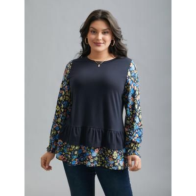 Plus Size Floral Spliced Tiered Hem T-Shirt Indigo Women Elegant Contrast Natural Flowers Round Neck Everyday T-shirts BloomChic 18-20/2X