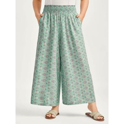 Plus Size Shirred Waist Floral Print Wide-Leg Pants Women Malachitegreen Beach Wide Leg Mid Rise Vacation Pants BloomChic 12/L