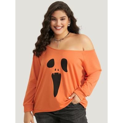 Plus Size Halloween Print One Shoulder Raglan Sleeve Sweatshirt Women OrangeRed Casual Printed Festival-Halloween Sweatshirts BloomChic 14-16/1X