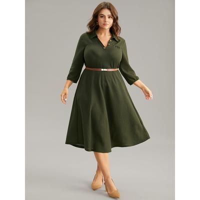 Plus Size Waffle Knit Button Detail Lapel Collar Dress ArmyGreen Women Elegant Elastic cuffs Lapel Collar Elbow-length sleeve Curvy Midi Dress BloomChic 14-16/1X