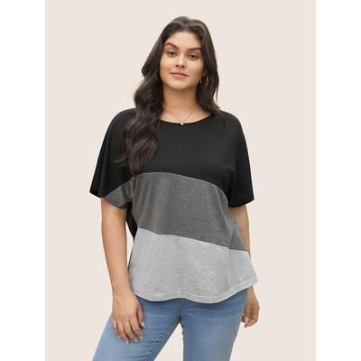 Plus Size Colorblock Contrast Crew Neck Batwing Sleeve T-shirt Black Women Casual Contrast Colorblock Round Neck Everyday T-shirts BloomChic 30/6X