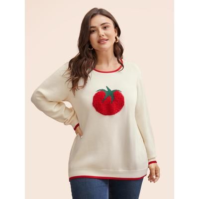 Plus Size Tomato Pattern Embroidered Contrast Trim Pullover Beige Women Casual Long Sleeve Round Neck Everyday Pullovers BloomChic 18-20/2X