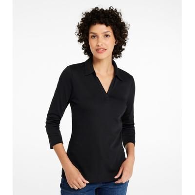 Women's Pima Cotton Tee, Three-Quarter-Sleeve Polo Black Large L. L.Bean